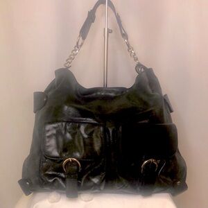 KATE LANDRY large black cowhide leather hobo style handbag. Silver hardware.
